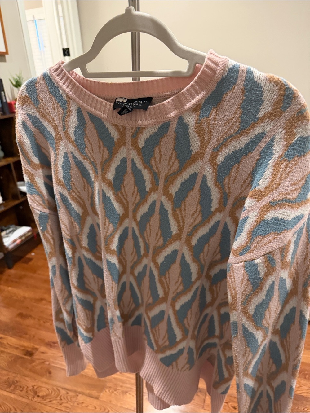 Laundry By Shelli Segal Pink, Blue & Tan Jacquard Crewneck Sweater